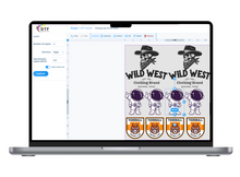 A laptop displaying the interface of a DTF Gang Sheet Builder tool with a design for a Wild West-themed clothing brand.
