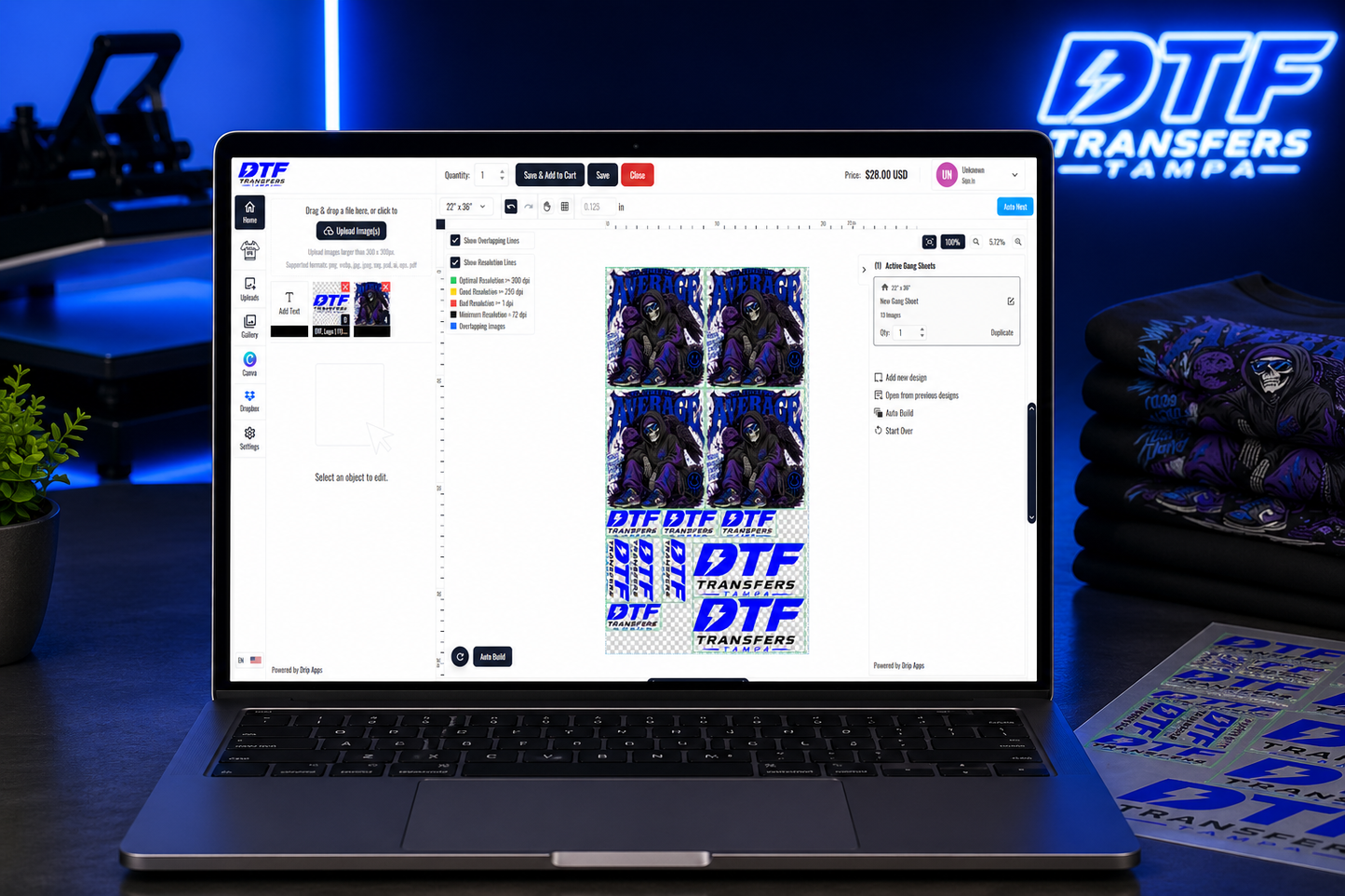 Laptop displaying a website with DTF Transfers Tampa branding on a dark background