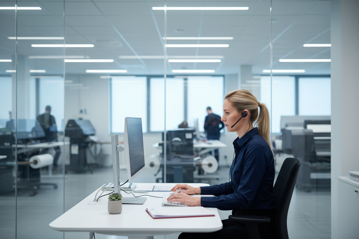 Customer support using a computer to respond to customers questions. she is using a true navy shirt and is a blond. the office space is from a digitial printing facility but can be seen blurry through the office clear walls.